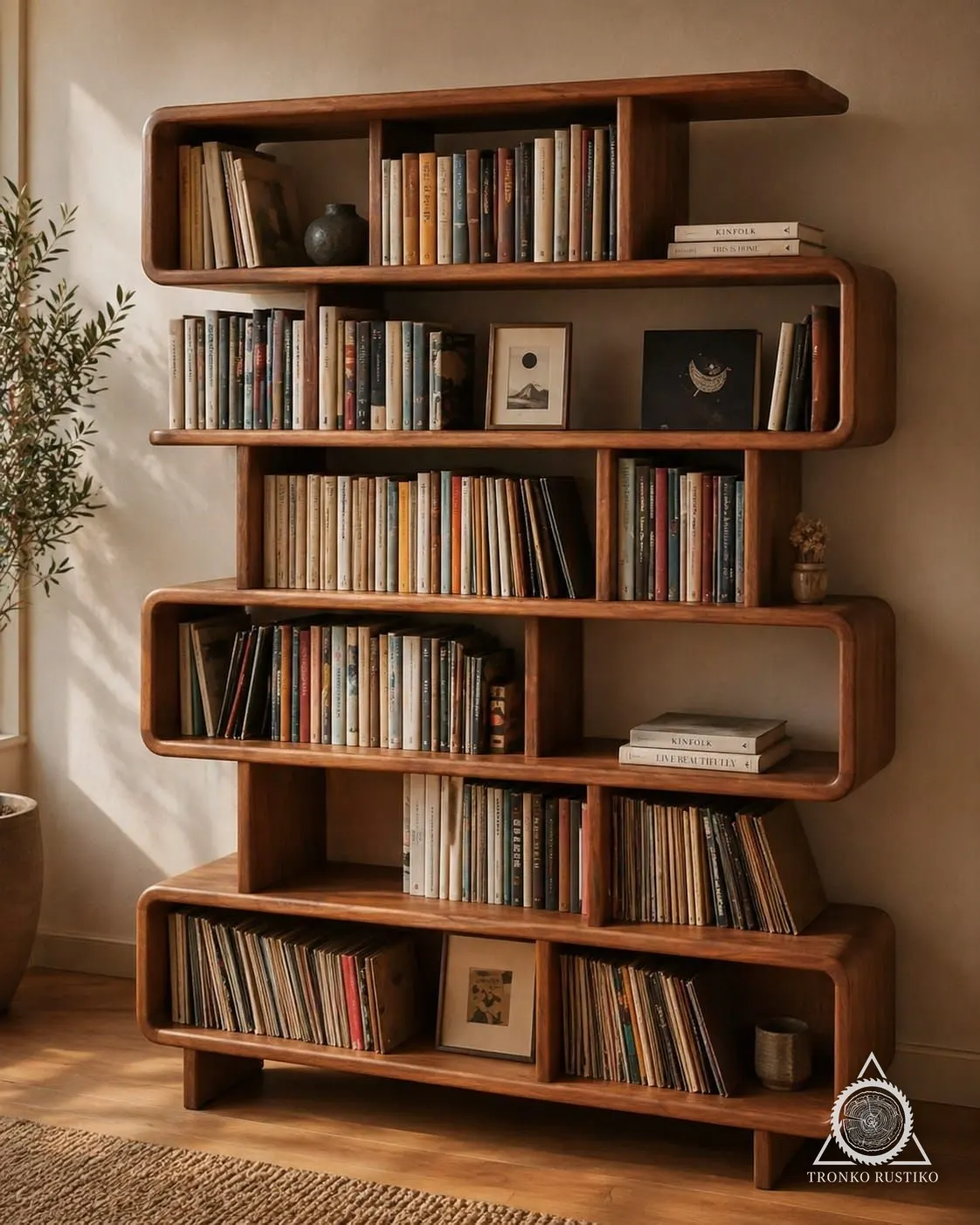 Librero de madera con repisas de bordes curvos y nichos escalonados, lleno de libros.