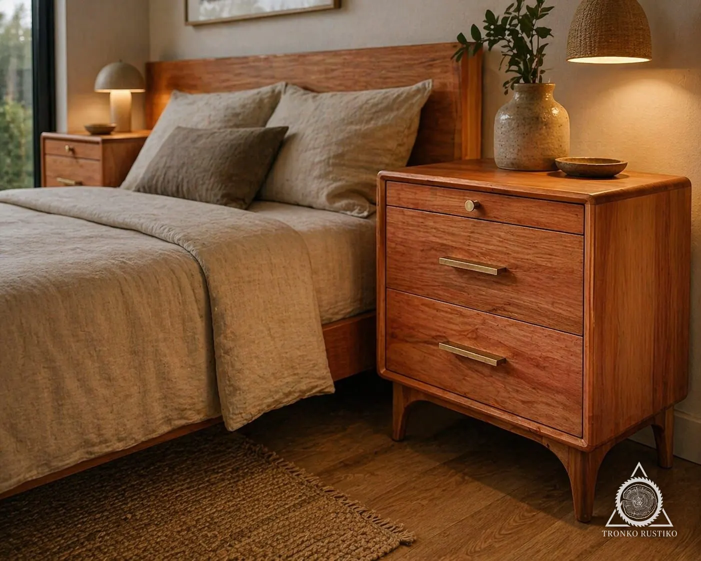 Velador de madera rojiza con cantos curvos, cajones con tiradores dorados y patas curvas, junto a una cama.