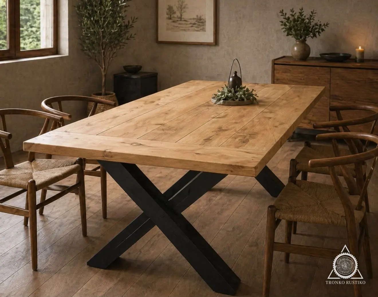 Mesa de comedor rectangular de madera clara con estructura metálica negra en forma de X, rodeada de sillas de madera con asiento tejido.
