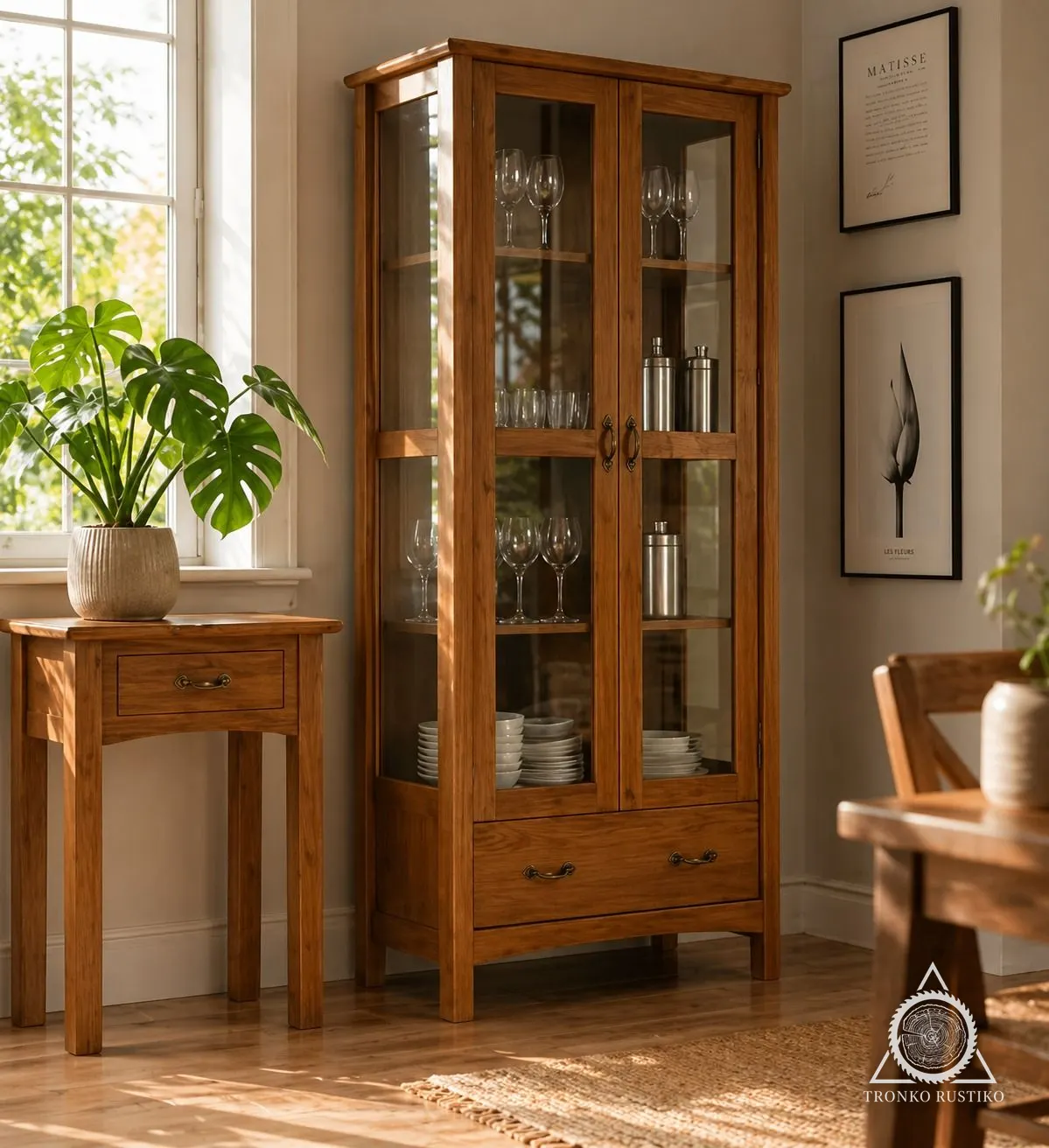 Vitrina de madera con puertas de vidrio transparente, copas en sus repisas y un cajón inferior.