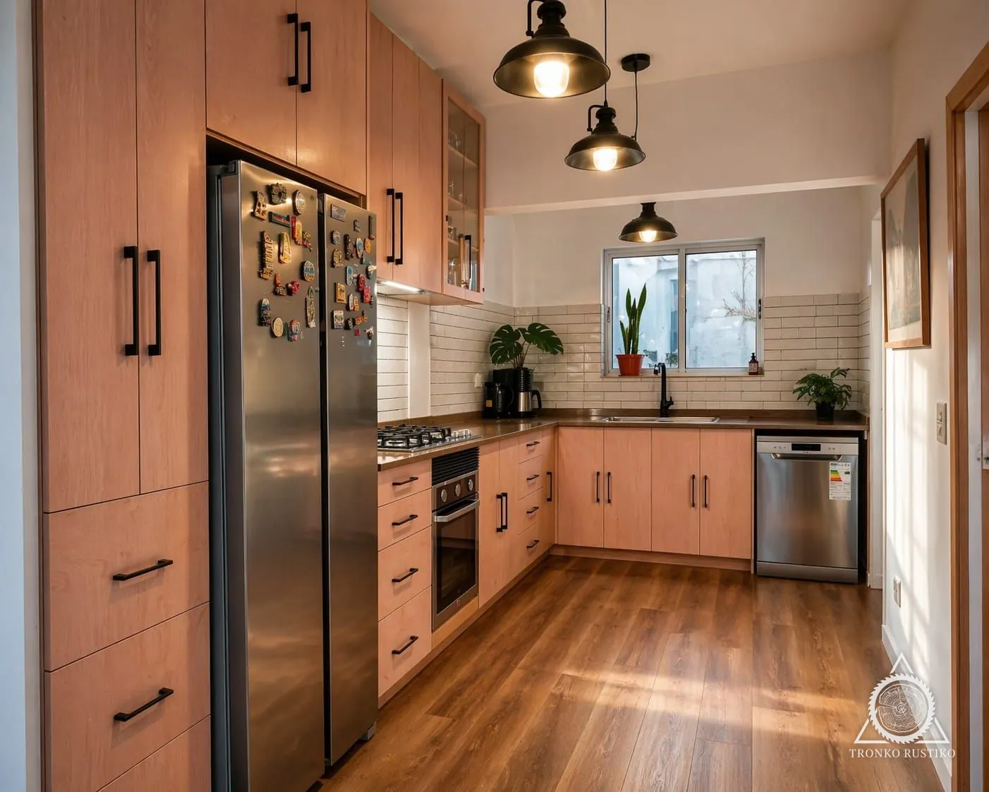 Cocina en L con muebles altos y bajos de frentes color madera rosada, tiradores negros y columna junto al refrigerador.