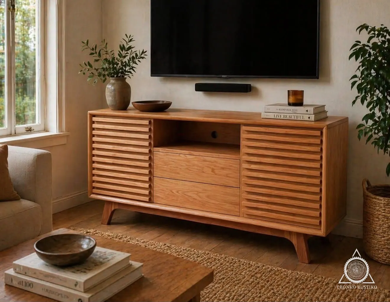 Rack de madera con puertas laterales de listones horizontales, dos cajones al centro, nicho superior y patas inclinadas, bajo un televisor.