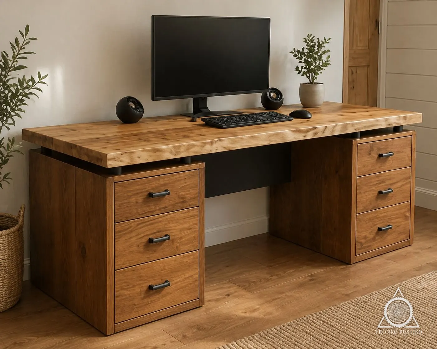 Escritorio grande de madera con dos cajoneras de tres cajones cada una y cubierta de canto natural.