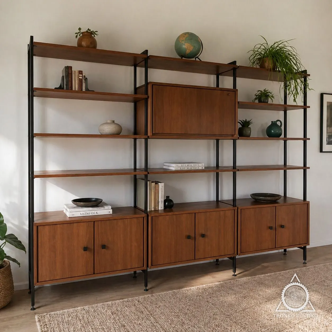 Biblioteca modular con estructura de fierro negro, repisas de madera y muebles con puertas abajo.