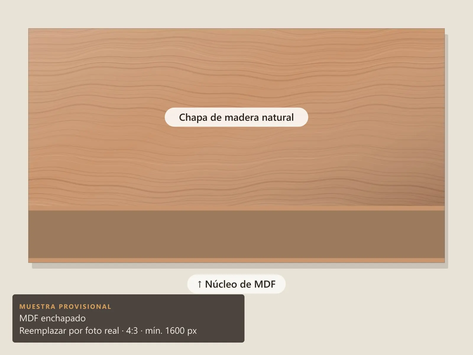 Tablero de MDF enchapado visto desde arriba, con la chapa de madera en la cara y el núcleo de fibras en el canto.