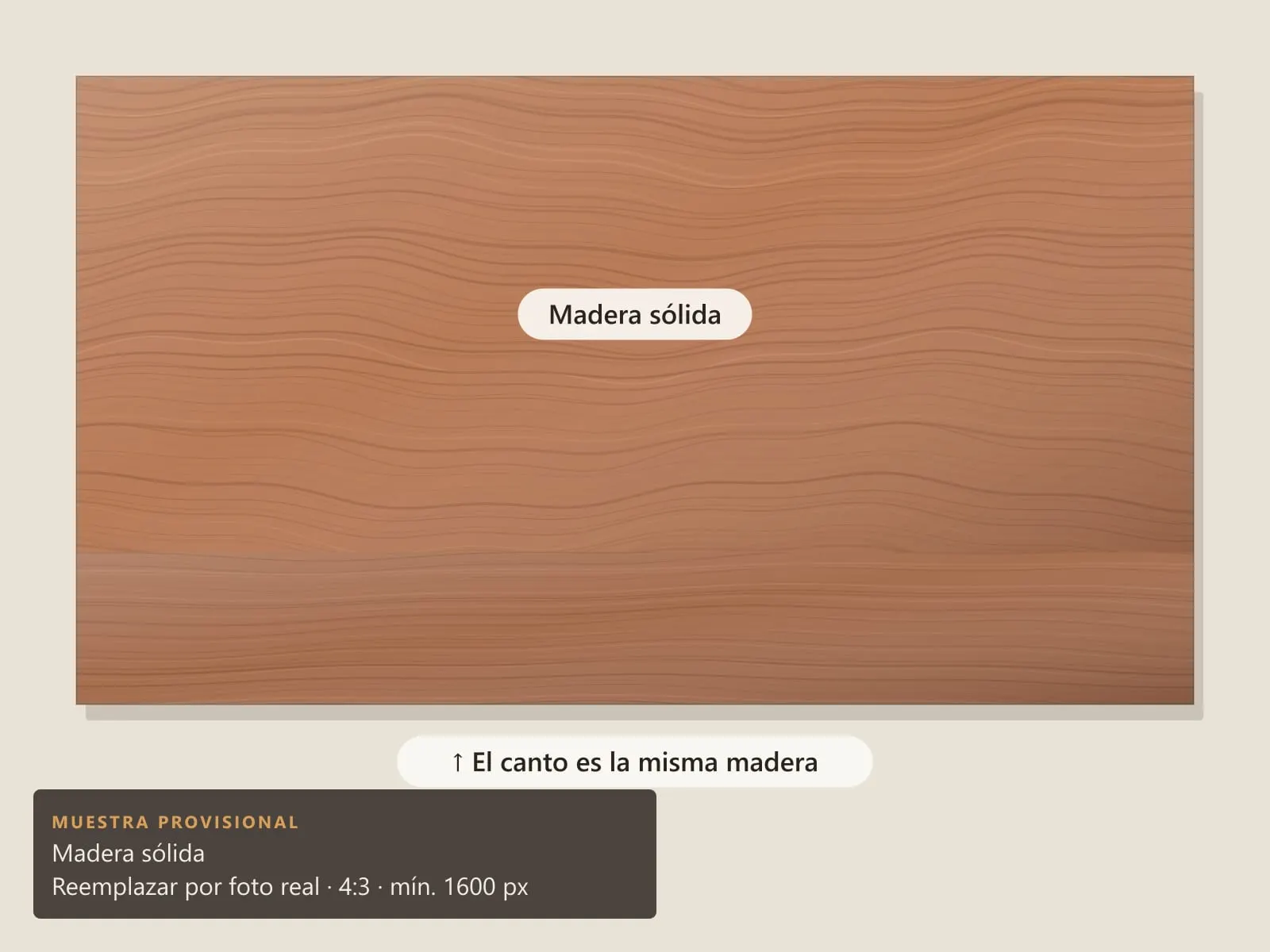 Tabla de madera sólida vista desde arriba, con la misma madera en el canto.